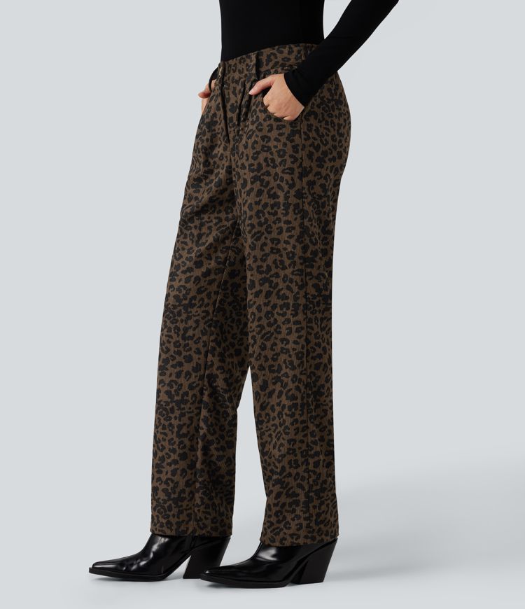 Lässige Cordhose mit mittelhohem Bund, Seitentaschen, Leopardenmuster und geradem Bein