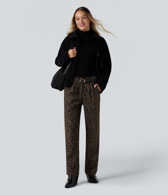 Lässige Cordhose mit mittelhohem Bund, Seitentaschen, Leopardenmuster und geradem Bein