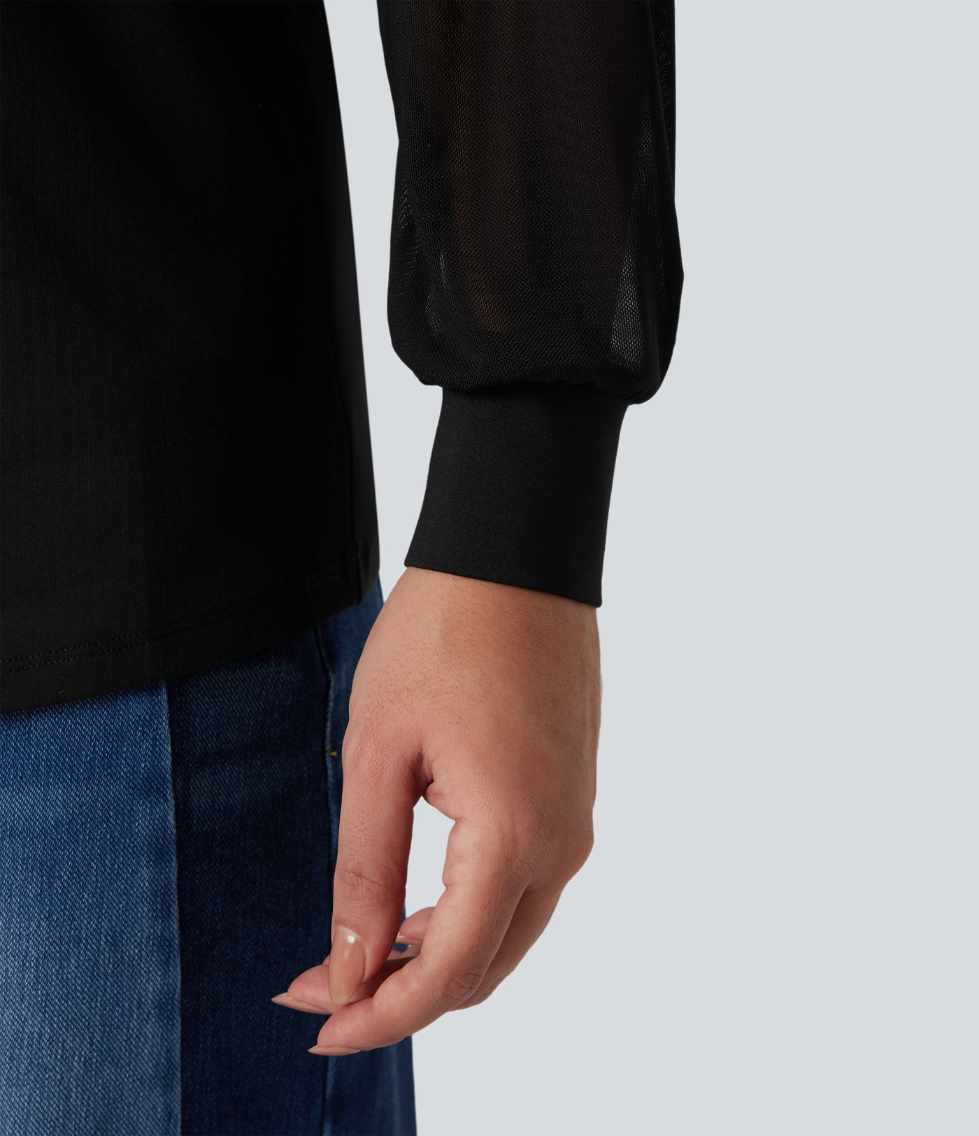 Blouse mesh contrastant col rond manches raglan longues