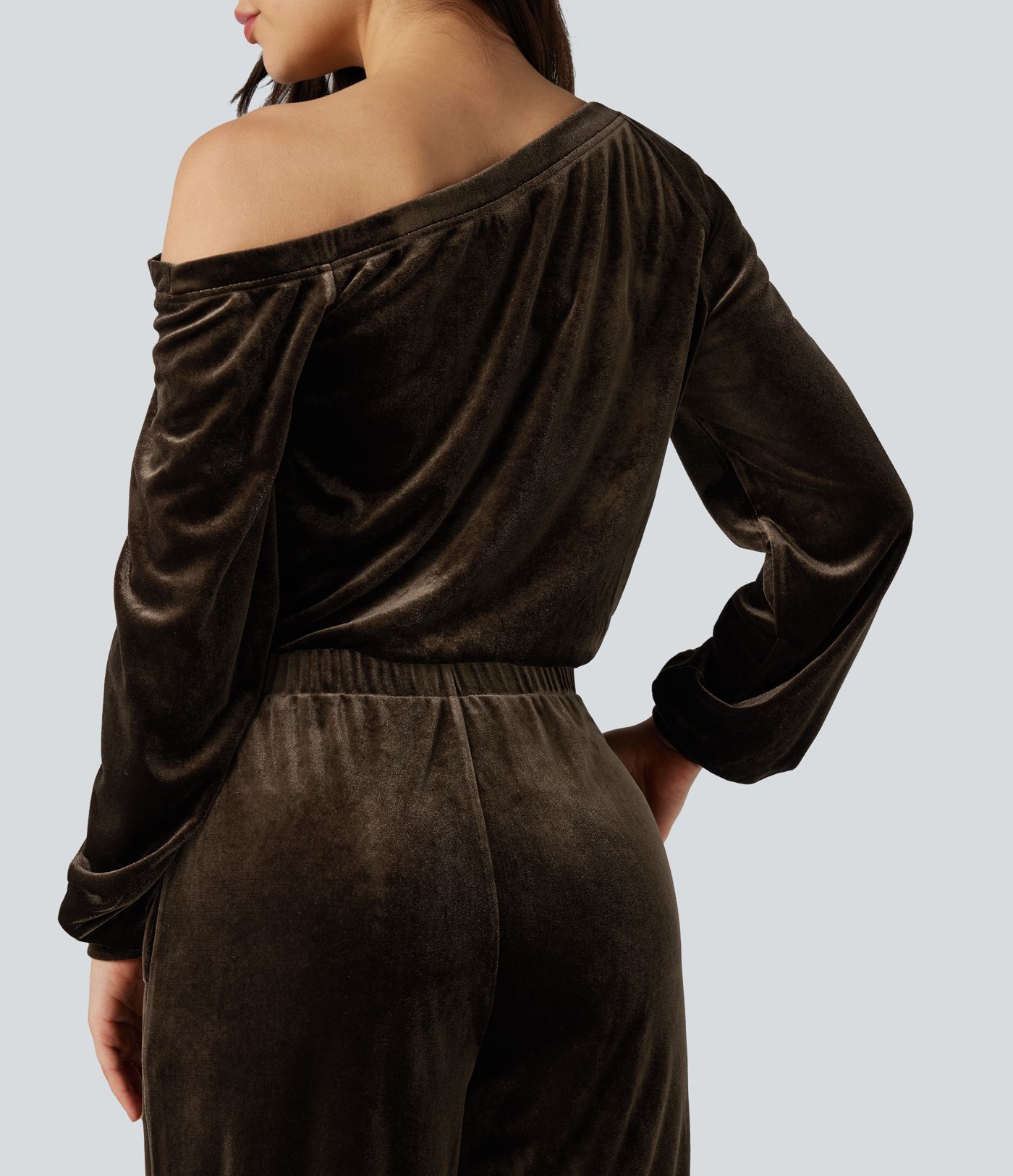 One Shoulder Long Sleeve Velvet Casual Jumpsuit with Pockets