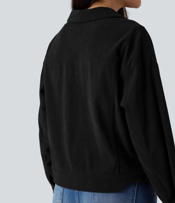 Long Sleeve Button Fly Corduroy Casual Shacket Jacket with Pockets