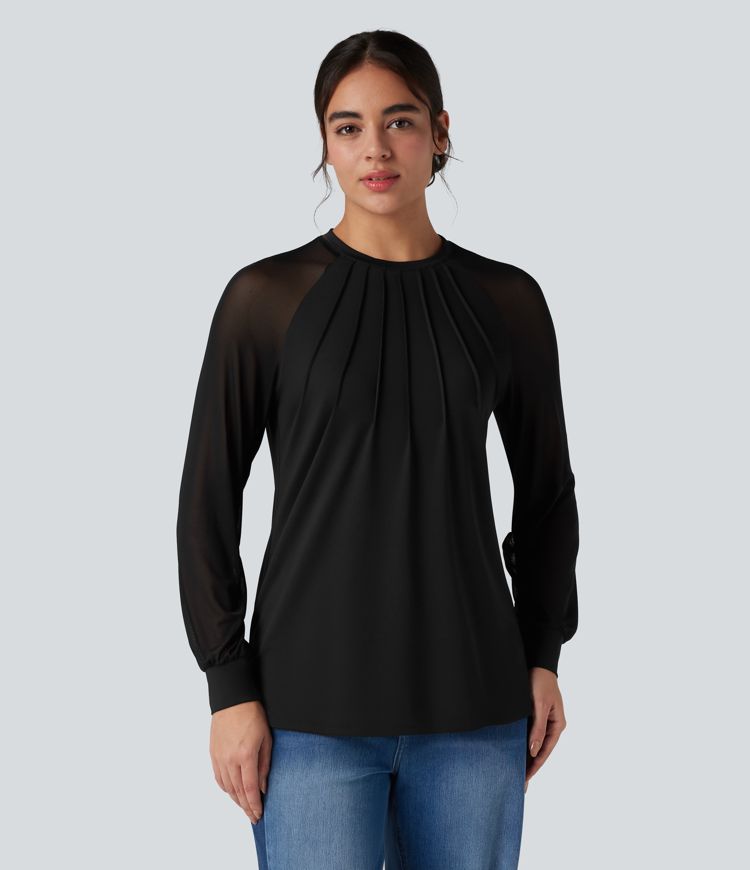 Blouse mesh contrastant col rond manches raglan longues
