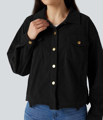 Long Sleeve Button Fly Corduroy Casual Shacket Jacket with Pockets