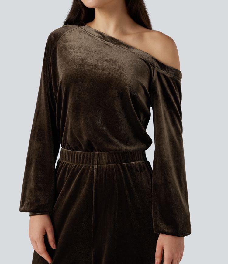 One Shoulder Long Sleeve Velvet Casual Jumpsuit with Pockets