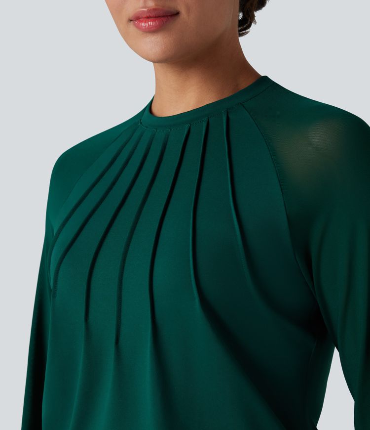 Round Neck Raglan Long Sleeve Contrast Mesh Casual Blouse