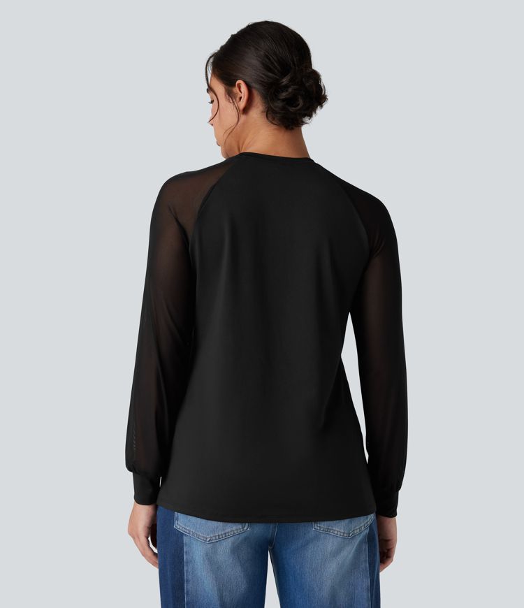 Blouse mesh contrastant col rond manches raglan longues