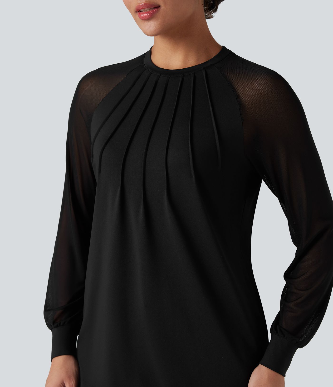 Blouse mesh contrastant col rond manches raglan longues