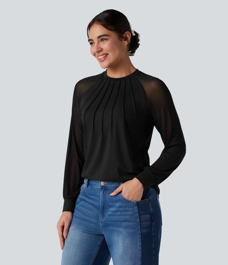 Blouse mesh contrastant col rond manches raglan longues