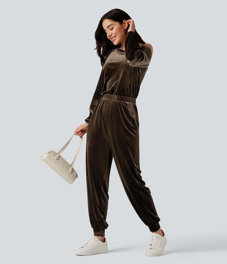 One Shoulder Long Sleeve Velvet Casual Jumpsuit with Pockets