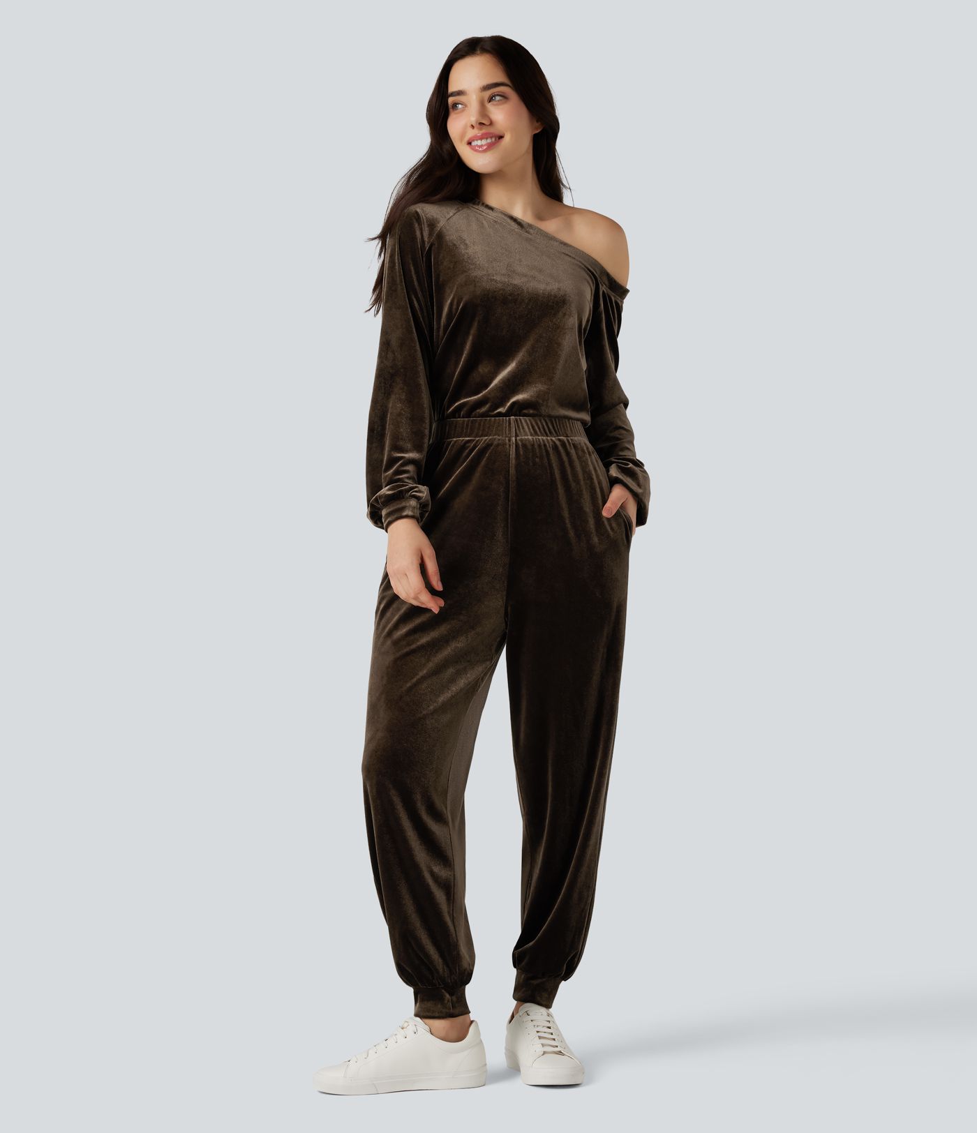 One Shoulder Long Sleeve Velvet Casual Jumpsuit with Pockets