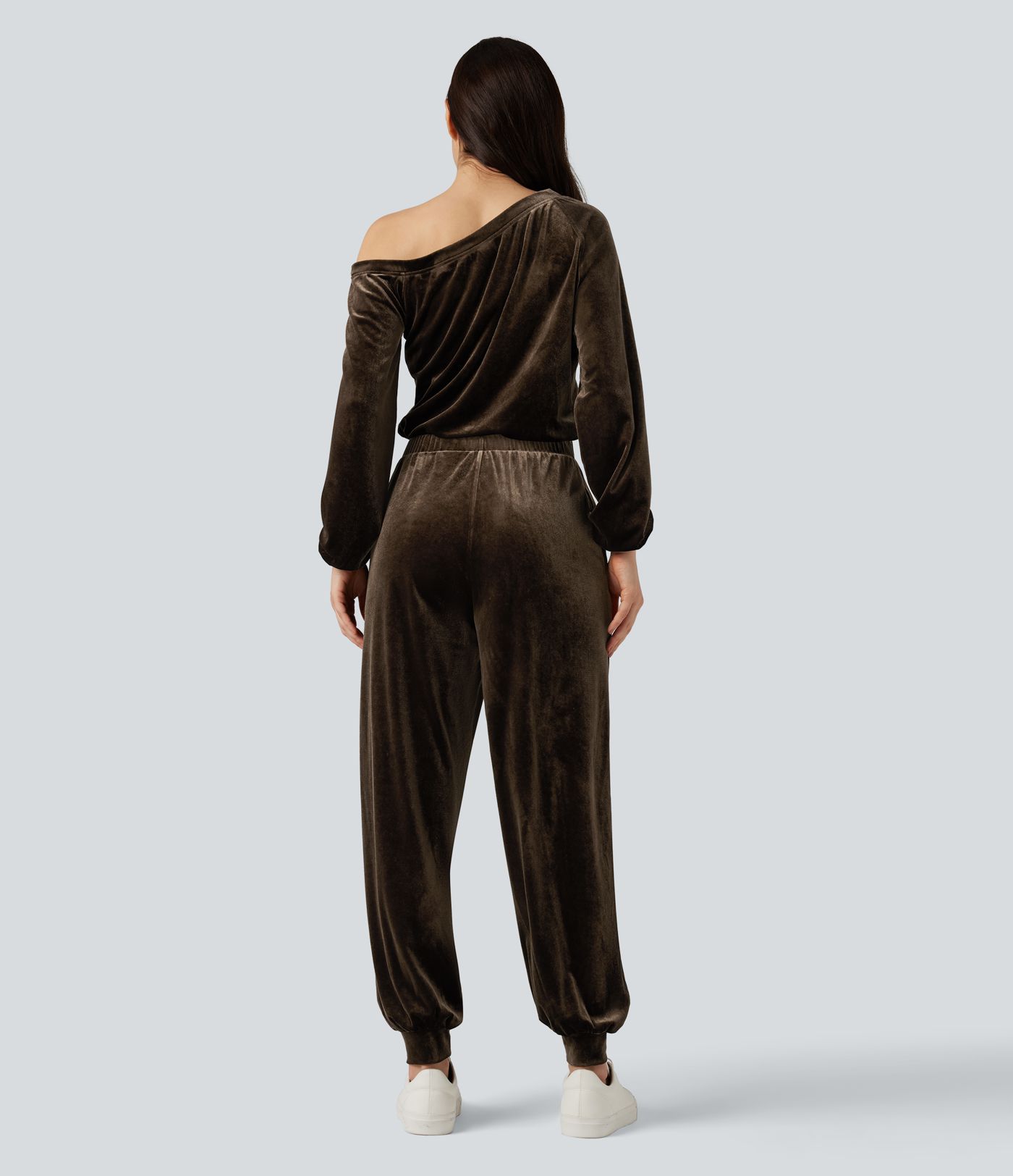 One Shoulder Long Sleeve Velvet Casual Jumpsuit with Pockets