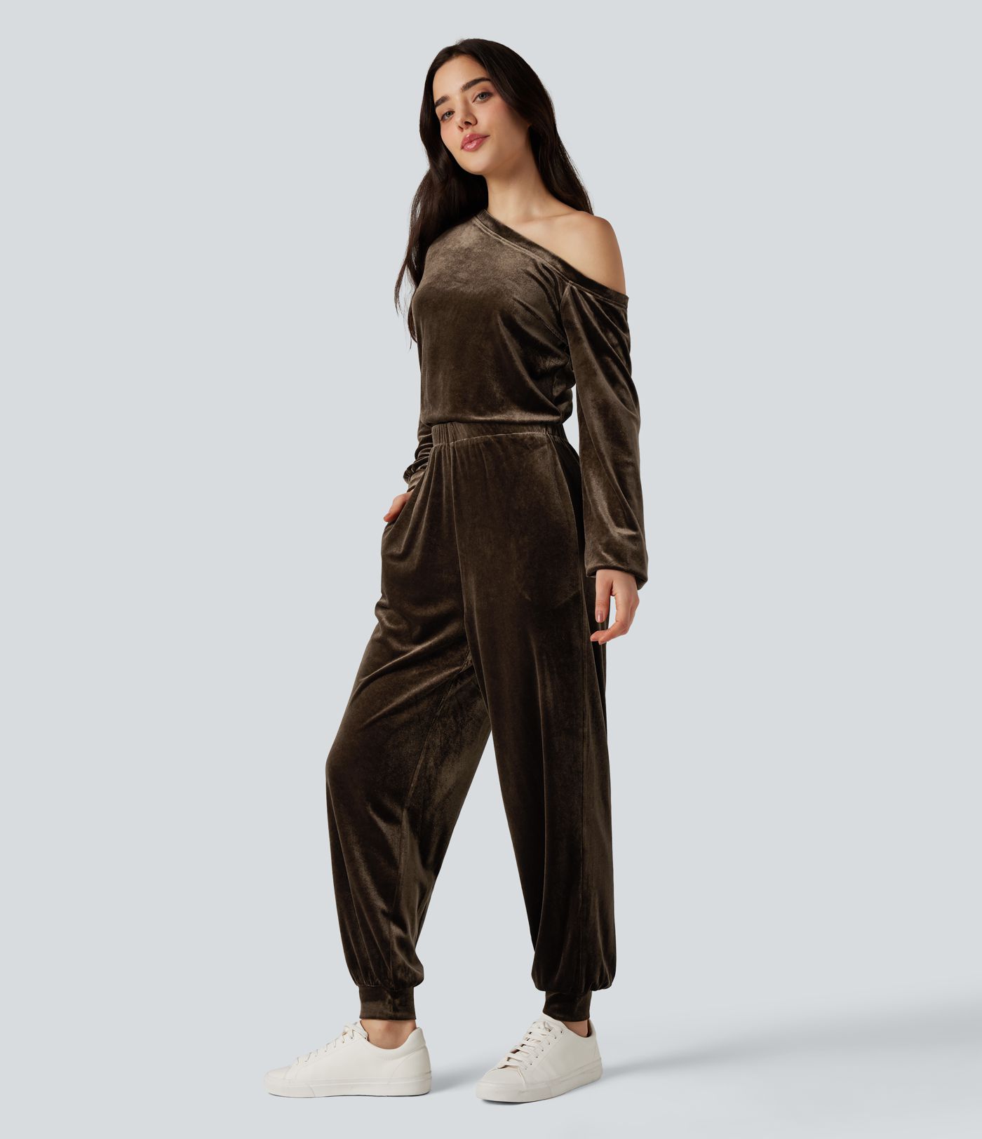 One Shoulder Long Sleeve Velvet Casual Jumpsuit with Pockets