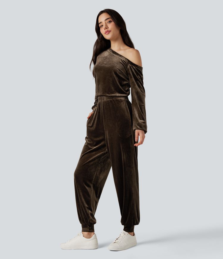 One Shoulder Long Sleeve Velvet Casual Jumpsuit with Pockets