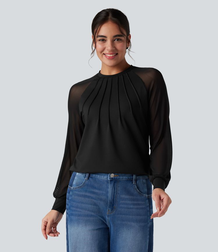 Round Neck Raglan Long Sleeve Contrast Mesh Casual Blouse