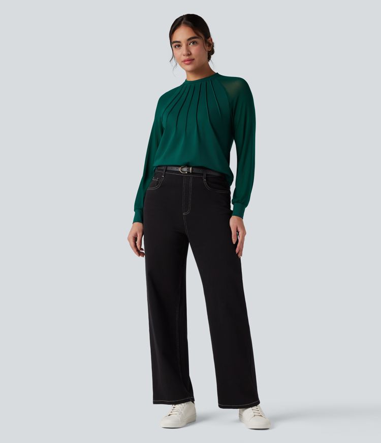 Round Neck Raglan Long Sleeve Contrast Mesh Casual Blouse