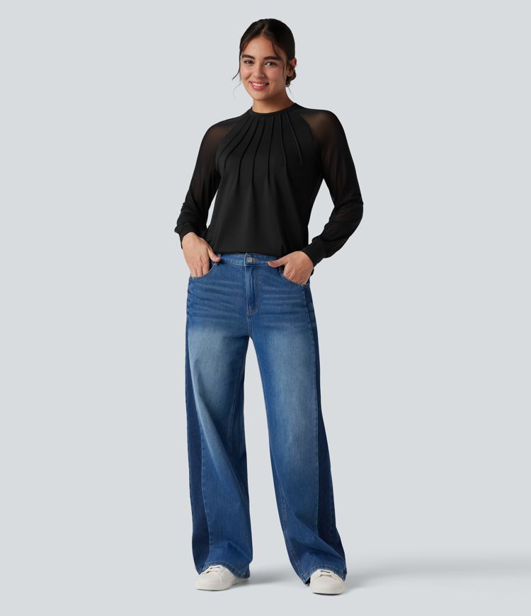 Blouse mesh contrastant col rond manches raglan longues