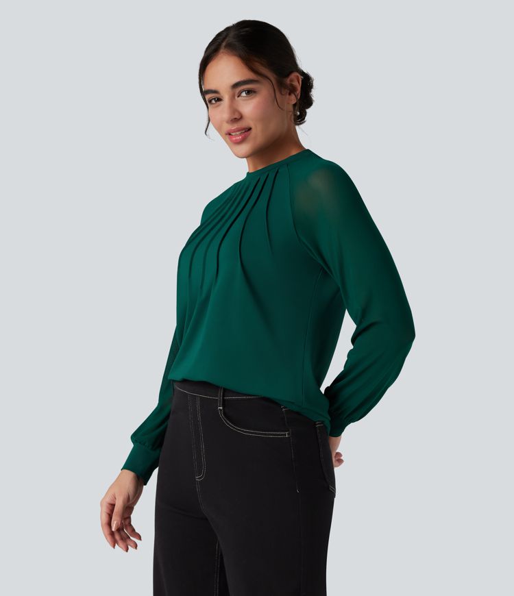 Round Neck Raglan Long Sleeve Contrast Mesh Casual Blouse