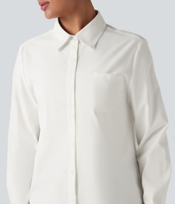 Collar Long Sleeve Curved Hem Work Shirt with Chest Pocket