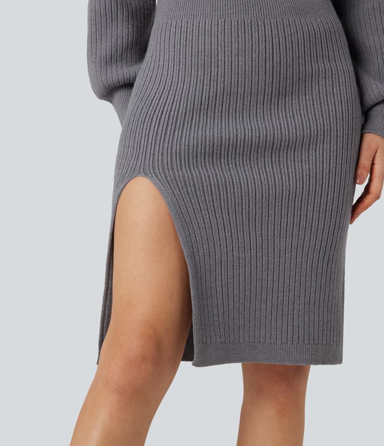 V-neck Batwing Long Sleeve Split Bodycon Midi Work Jumper Dress