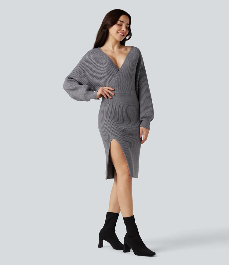 V-neck Batwing Long Sleeve Split Bodycon Midi Work Jumper Dress