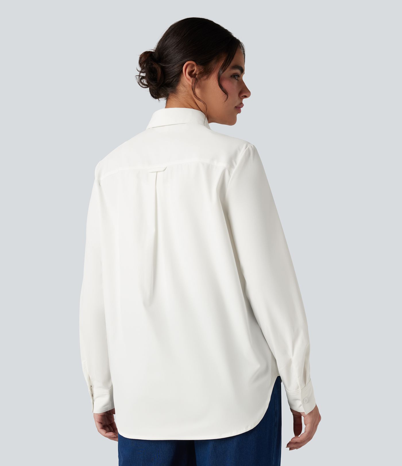 Collar Long Sleeve Curved Hem Work Shirt with Chest Pocket