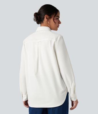 Collar Long Sleeve Curved Hem Work Shirt with Chest Pocket