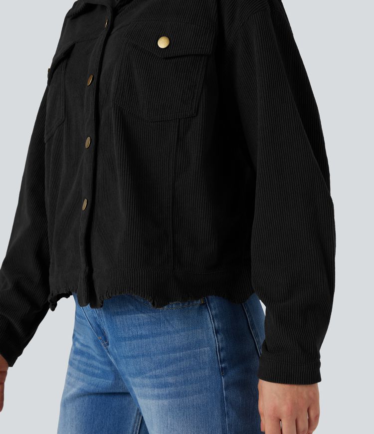 Long Sleeve Button Fly Corduroy Casual Shacket Jacket with Pockets