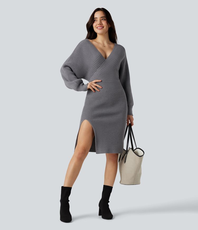 V-neck Batwing Long Sleeve Split Bodycon Midi Work Jumper Dress