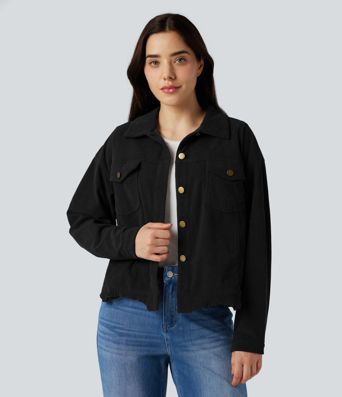 Long Sleeve Button Fly Corduroy Casual Shacket Jacket with Pockets