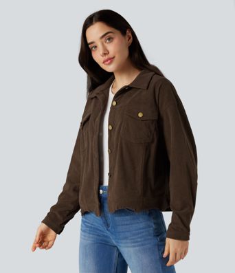 Long Sleeve Button Fly Corduroy Casual Shacket Jacket with Pockets