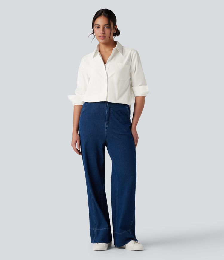 Chemise tailleur col chemise ourlet arrondi manches longues avec poche poitrine