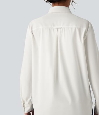 Collar Long Sleeve Curved Hem Work Shirt with Chest Pocket