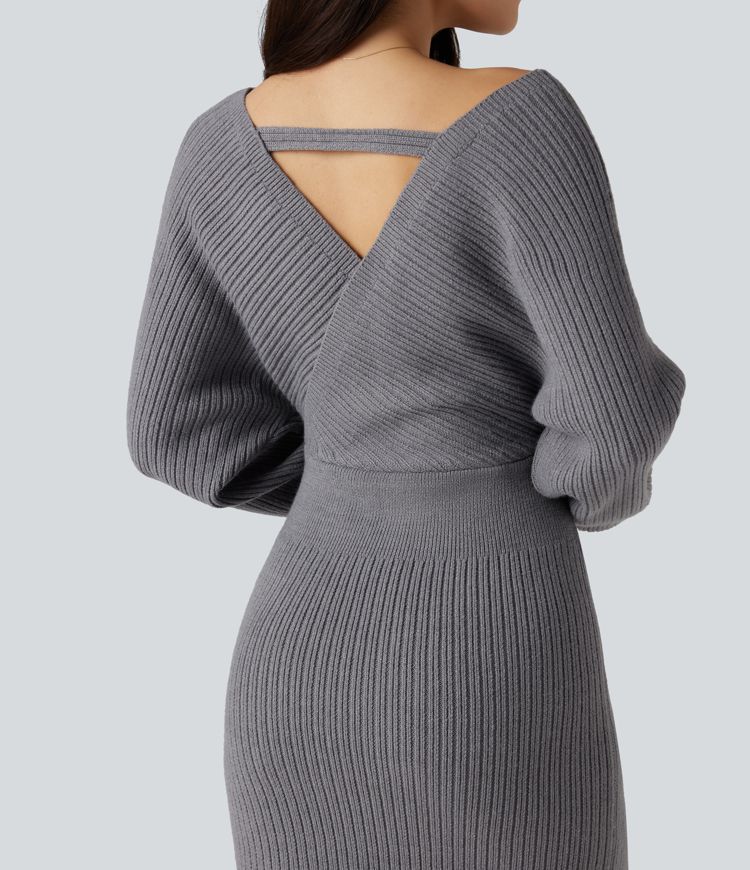V-neck Batwing Long Sleeve Split Bodycon Midi Work Jumper Dress
