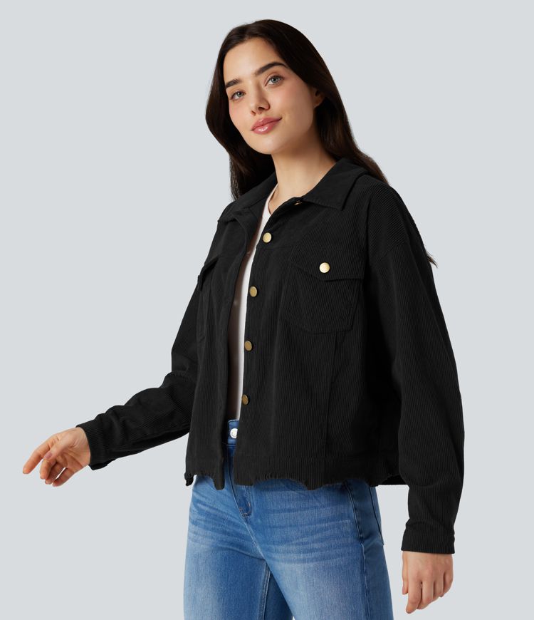 Long Sleeve Button Fly Corduroy Casual Shacket Jacket with Pockets