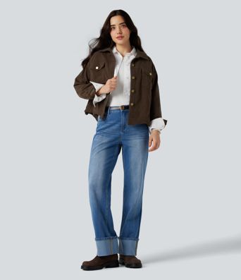 Long Sleeve Button Fly Corduroy Casual Shacket Jacket with Pockets