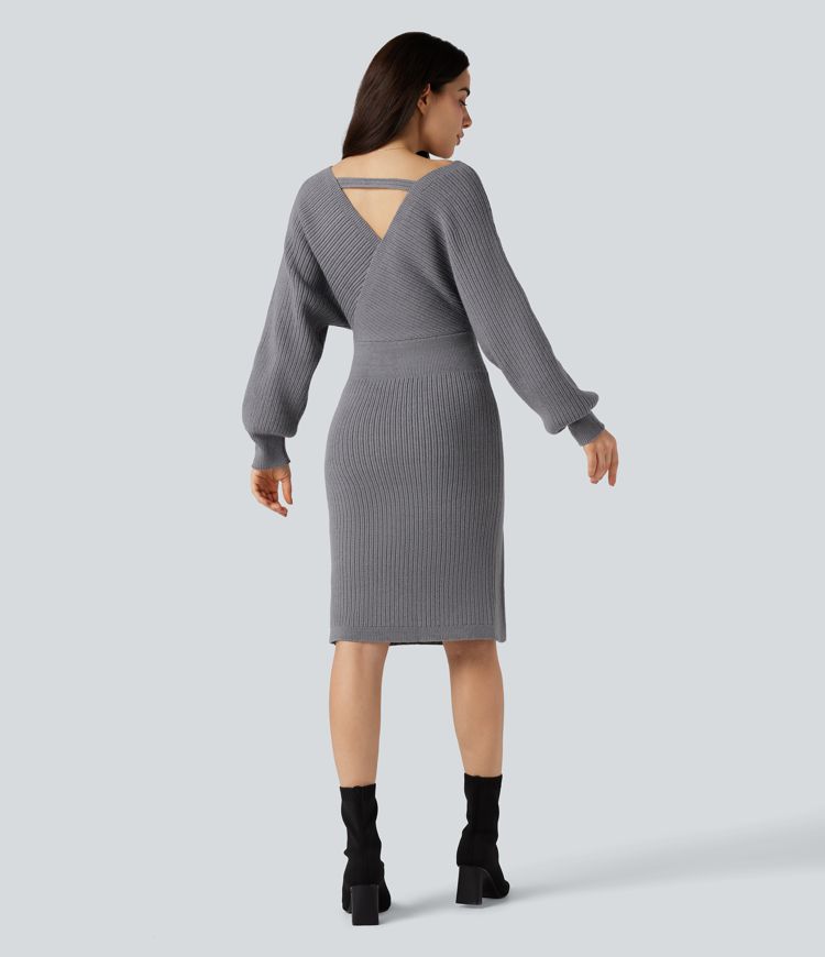 V-neck Batwing Long Sleeve Split Bodycon Midi Work Jumper Dress