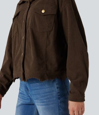 Long Sleeve Button Fly Corduroy Casual Shacket Jacket with Pockets