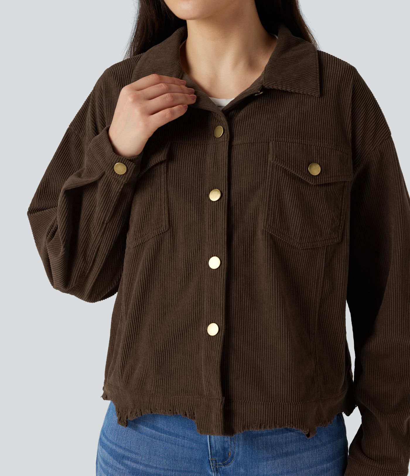 Long Sleeve Button Fly Corduroy Casual Shacket Jacket with Pockets