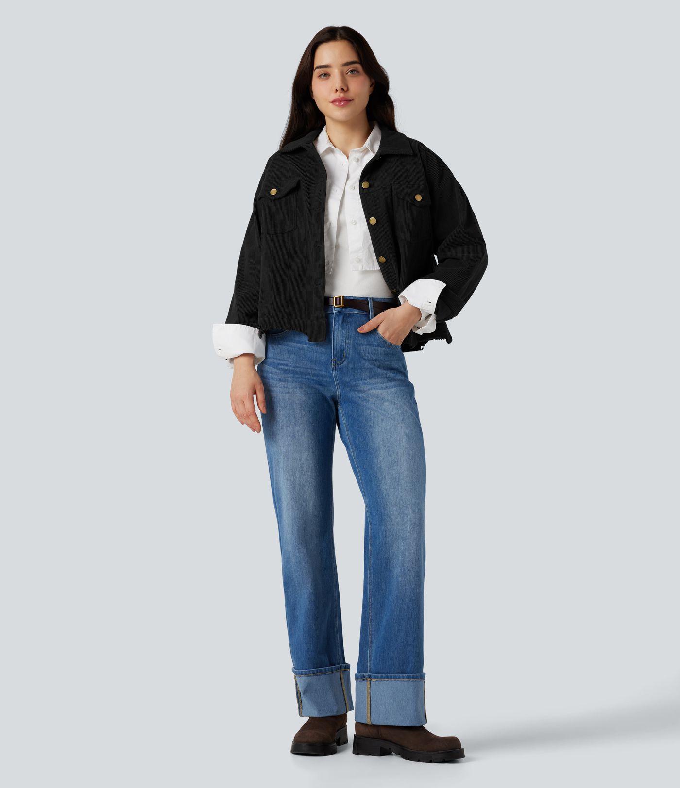 Long Sleeve Button Fly Corduroy Casual Shacket Jacket with Pockets