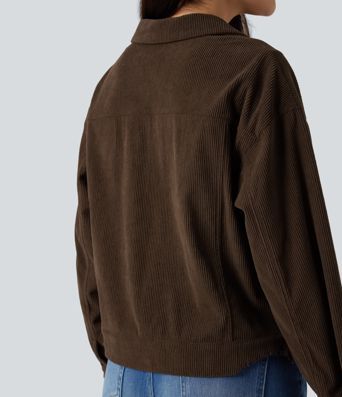 Long Sleeve Button Fly Corduroy Casual Shacket Jacket with Pockets