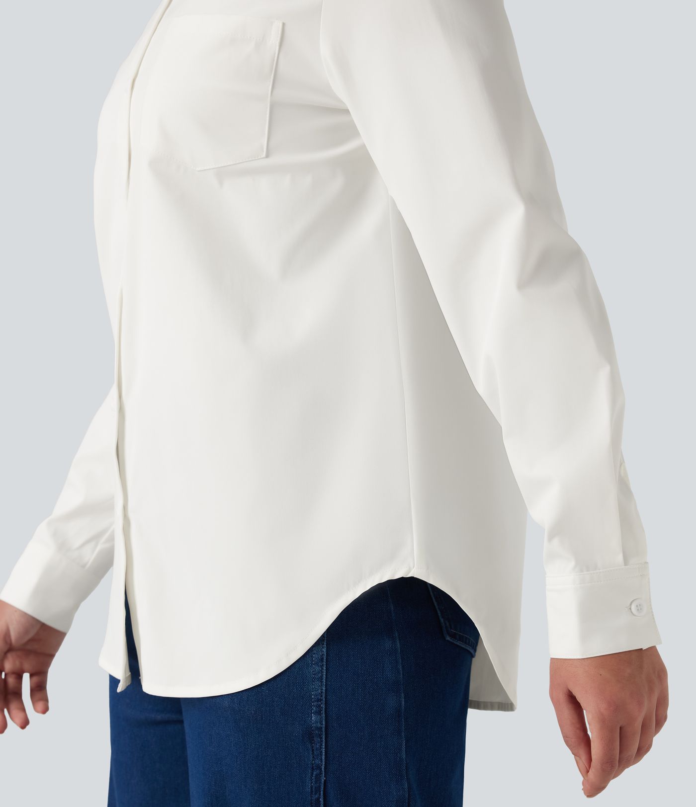 Collar Long Sleeve Curved Hem Work Shirt with Chest Pocket