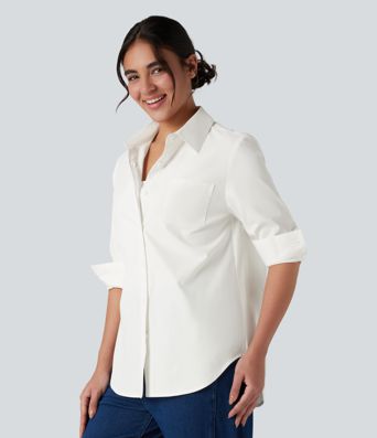 Collar Long Sleeve Curved Hem Work Shirt with Chest Pocket