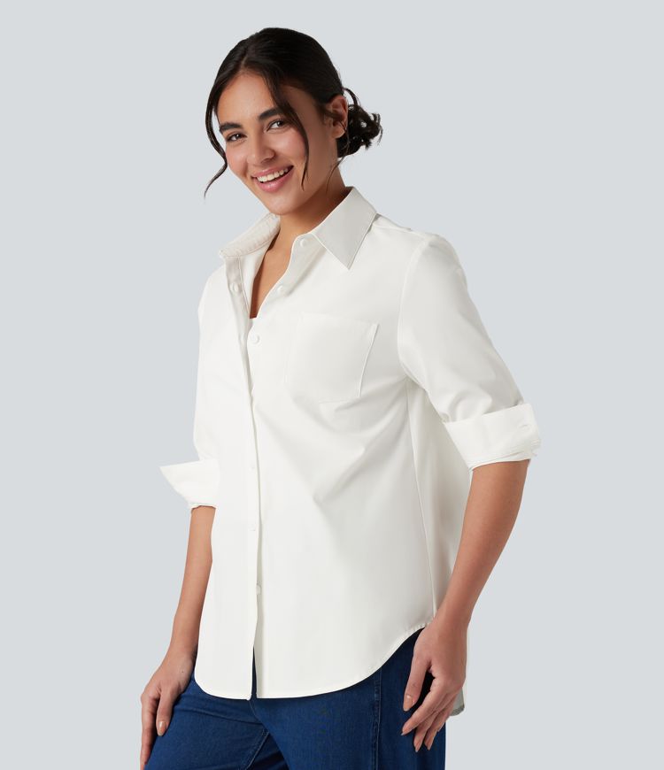 Chemise tailleur col chemise ourlet arrondi manches longues avec poche poitrine