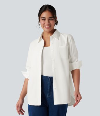 Collar Long Sleeve Curved Hem Work Shirt with Chest Pocket