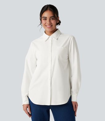 Collar Long Sleeve Curved Hem Work Shirt with Chest Pocket
