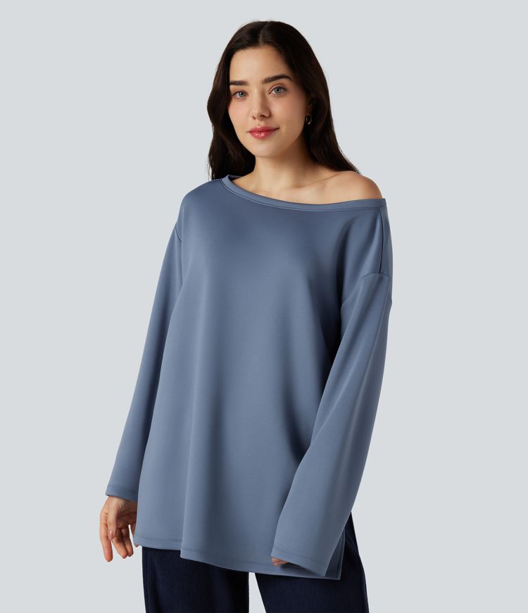 Boat Neck Long Sleeve Relaxed Casual Sweatshirt