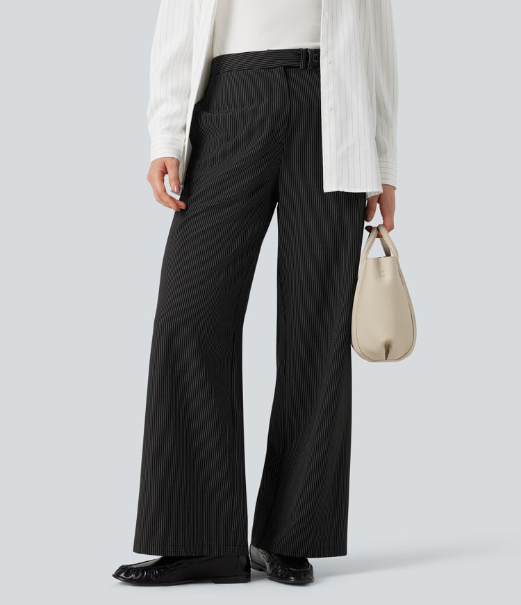 High Waisted Straight Leg Stripe Work Pants with Pockets