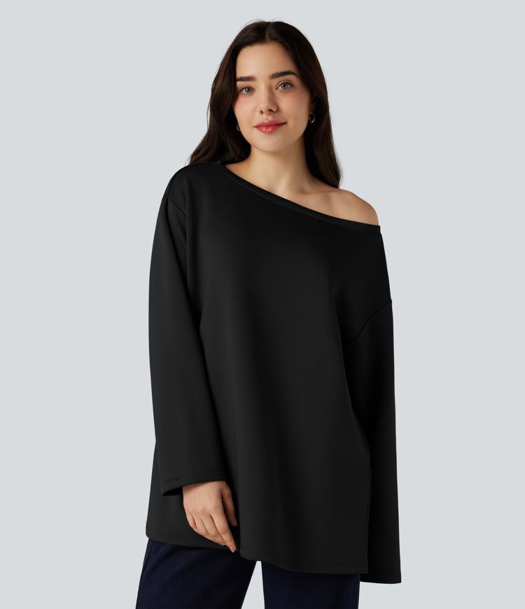 Boat Neck Long Sleeve Relaxed Casual Sweatshirt