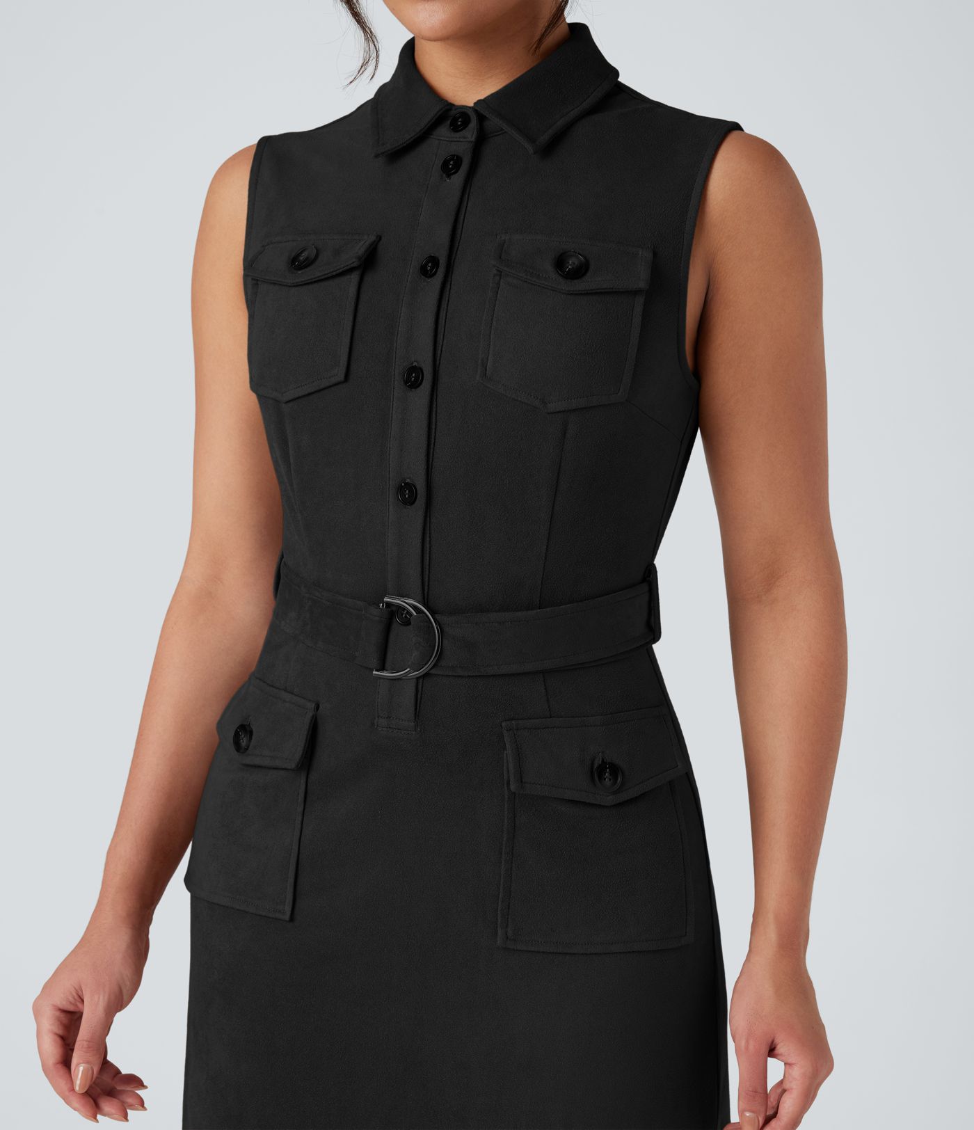 Robe mini daim col chemise ceinturée sans manches avec poches