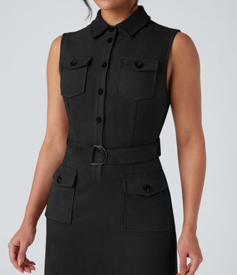 Robe mini daim col chemise ceinturée sans manches avec poches